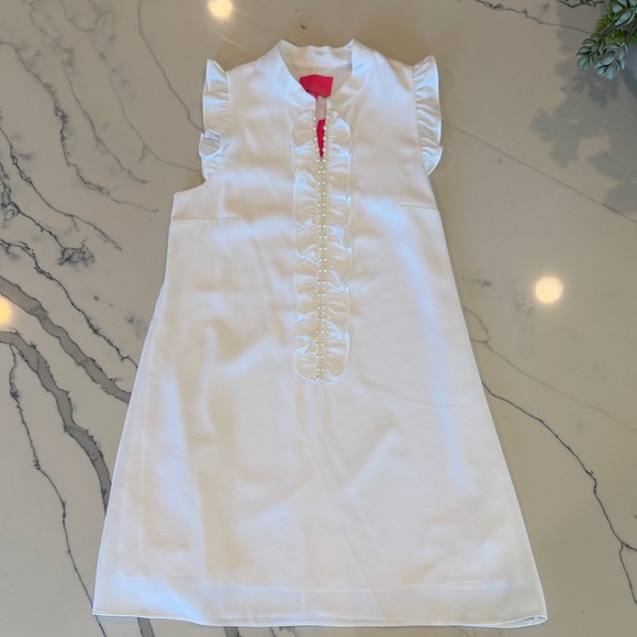 Lilly Pulitzer Dresses & Skirts - Lilly Pulitzer White Ruffle-Front Mini Dress with Pink Trim